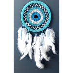 Nazar Boncuğu Motifli Turkuaz Rengi Dream Catcher Beyaz Kuş Tüylü Düş Kapanı Duvar Süsü - Görsel 3