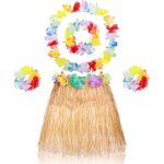 Yetişkin Çocuk Hawaii Parti Seti - 40 cm Naturel Etek + Çiçek Aksesuarlar (5 Parça) - Görsel 4