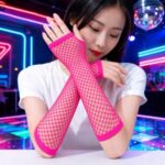 80’ler 90’lar Retro Neon Fuşya Şeker Pembesi File Parmaksız Eldiven 26 cm - Görsel 4