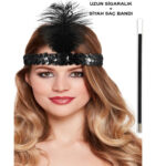 1920'ler Gatsby Aksesuar Seti – Siyah Charleston Saç Bandı & Sigaralık - Görsel 2